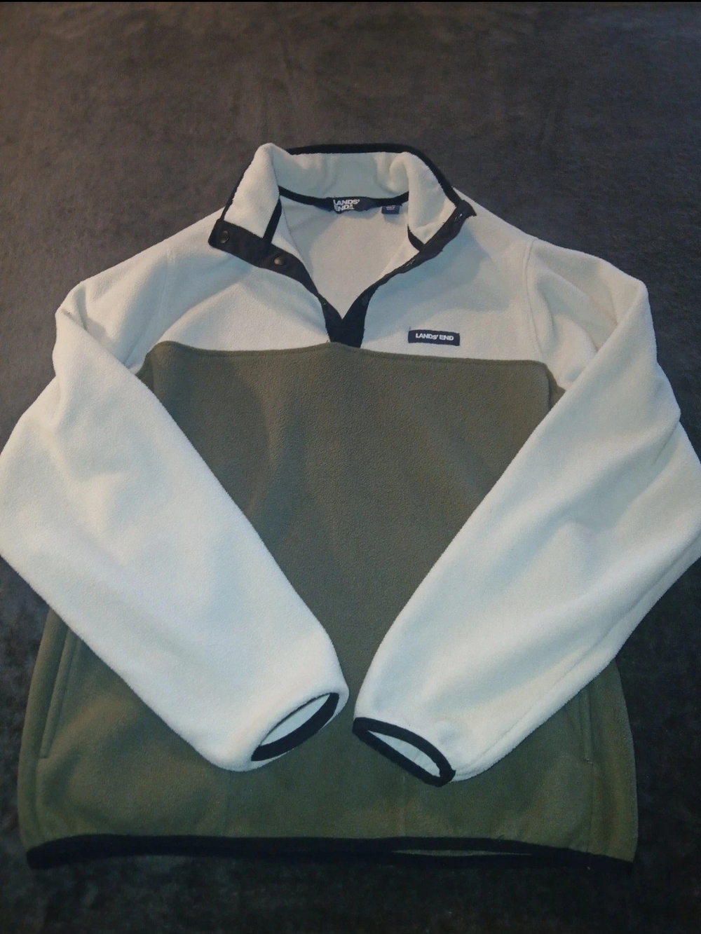 Lands' End Two-Tone Snap Pullover - Olive & White with Navy Trim